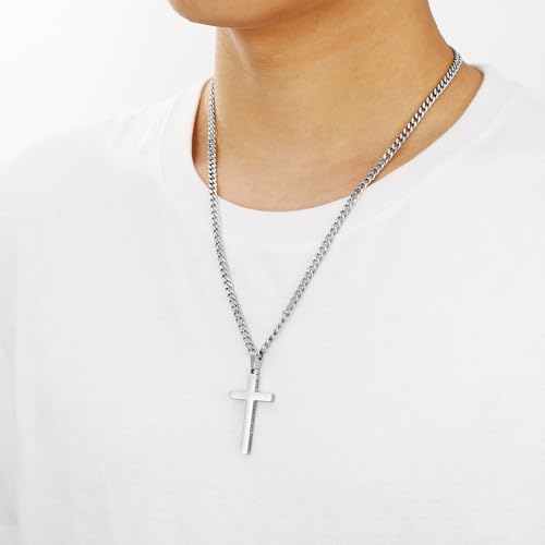 Gnamy Cross Necklace for Men Boys Stainless Steel Bible Verse Cross Pendant with Cuban Link Chain (22+2 Inches) | Christian Religious Jewelry Gifts - color: Silver, style: Joshua 1:9