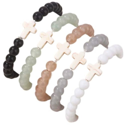 5Pcs Set Cross Beaded Crystal Turquoise Colorful Stretch Bracelet Christian Matching Strand Bracelet for Women Holiday Bohemian Boho Jewelry Multilayered Handmade - color: L