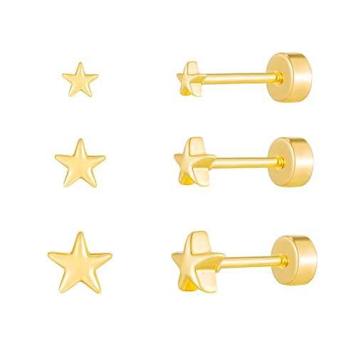 LLWOM 3 Pairs Tiny Flat Back Earrings, Hypoallergenic 14K Real Gold Plated Helix Cartilage Earrings Post Studs Jewelry for Women Gift - color: Gold-Star
