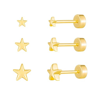 LLWOM 3 Pairs Tiny Flat Back Earrings, Hypoallergenic 14K Real Gold Plated Helix Cartilage Earrings Post Studs Jewelry for Women Gift - color: Gold-Star
