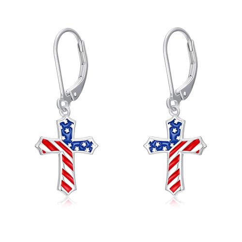 HPQQ Earrings for Women Sterling Silver Dangle Earrings Birthday Christmas Jewelry Gifts for Women Wife Mom - color: White Gold-Cross American Flag