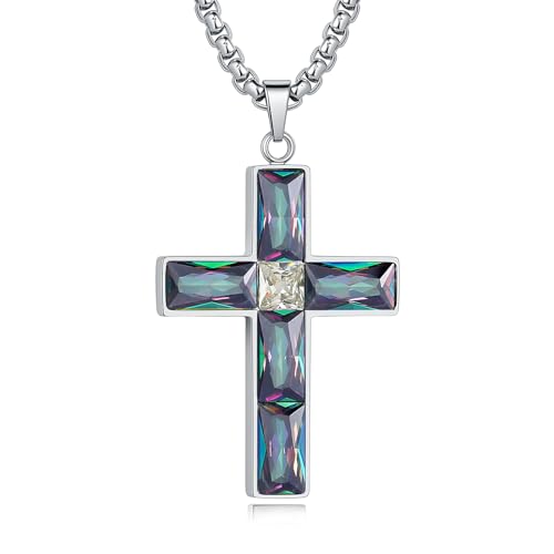 Cross Necklace for Men 316L Stainless Steel Birthstone Pendant - color: Rainbow-S
