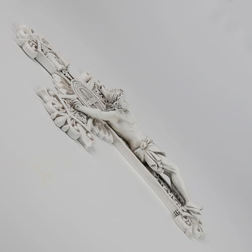 BC Catholic Saint Benedict Crucifix Wall Cross, Jesus Christ Home Decor, Religious Gift, Grey White Finish, 12"H, Hand Painted by Buildclassic - color: Grey White