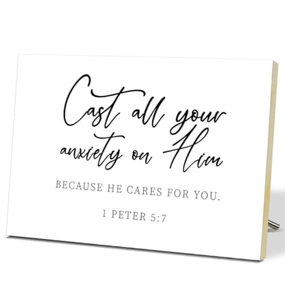 Christian Desk Decor - Cast All Your Anxiety On Him 1 Peter 5 : 7, Wood Sign Bible Verses Wall Decor, Religious Inspirational Gifts For Women Men Prayer, Christian Decor For Home Office Living Room - style: 1 Peter 5 : 7