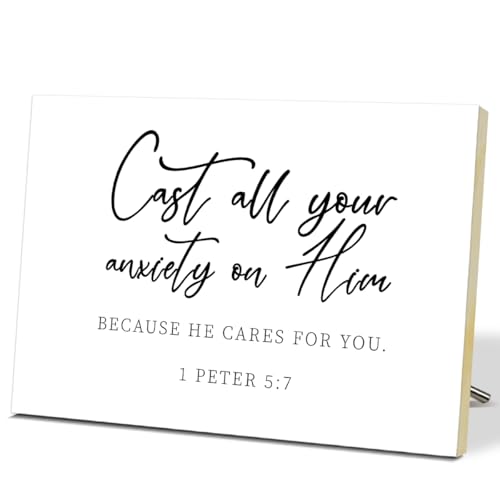 Christian Desk Decor - Cast All Your Anxiety On Him 1 Peter 5 : 7, Wood Sign Bible Verses Wall Decor, Religious Inspirational Gifts For Women Men Prayer, Christian Decor For Home Office Living Room - style: 1 Peter 5 : 7