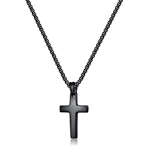 REVEMCN Christian Black Gold Silver Cross Necklace for Boys & Men, 16-22" - color: Black - cambered cross pendant, size: 18 inches