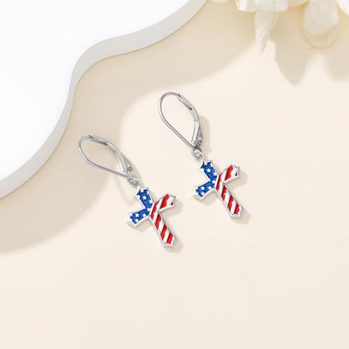 HPQQ Earrings for Women Sterling Silver Dangle Earrings Birthday Christmas Jewelry Gifts for Women Wife Mom - color: White Gold-Cross American Flag