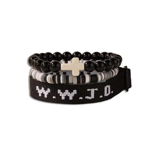 WWJD Bracelets Set WWJD Wristbands Christian Cross Bracelet Stackable Clay Bead Bracelets Stretch Glass Beaded Inspirational Christian Jewelry Gift for Couples Women Men - color: 3PCS Black