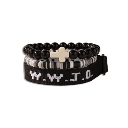 WWJD Bracelets Set WWJD Wristbands Christian Cross Bracelet Stackable Clay Bead Bracelets Stretch Glass Beaded Inspirational Christian Jewelry Gift for Couples Women Men - color: 3PCS Black
