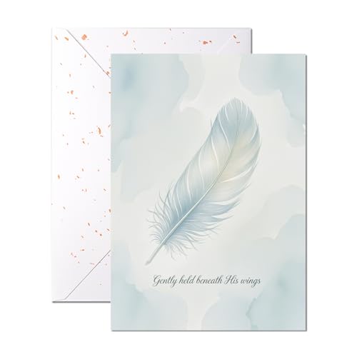 Religious Greeting Card Single Feather Design – “Gently Held Beneath His Wings” – 5x7 Inch Religious Card with Envelope for Sympathy Condolence Prayer Comfort – Faith Encouragement Spiritual Memorial Card — Single Card - color: Single Feather