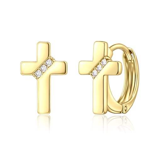 14K Gold Cross Huggie Earrings for Women Hoop Small Cross Earring - color: Gold Cross Hoop Earring