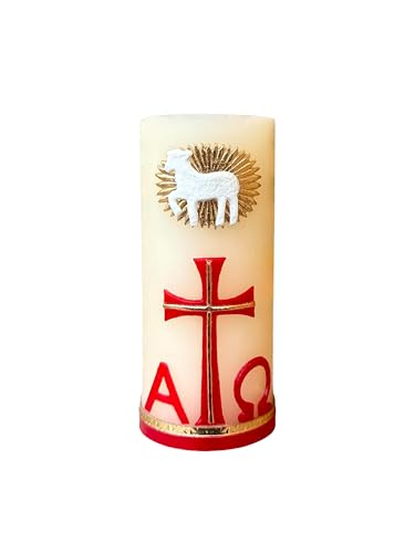 Angelitos de Mexico Religious Prayer Alpha Omega Red Candle, 4.7 x 2 inches, Catholic Ceremonial Candle with Cross Design