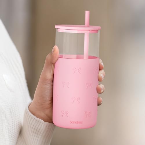 SANDJEST Glass Tumbler with Straw and Lid, Glass Water Bottle with Silicone Sleeve 20oz with Bow, Smoothie, Iced Coffee Cup, Bow Gifts for Women Teen Girls Birthday Christmas - color: Bow 3