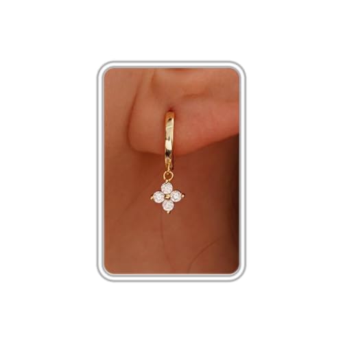 Dangle Earrings for Women, Dainty Huggie Hoop Dangle Earrings - color: Clover 01 Dangle Gold