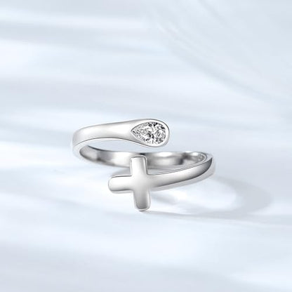 Jinlou Thumb Rings for Women - 925 Sterling Silver Birthstone Open Teardrop Encouragement Adjustable Ring Women Gifts for Teens Mom Birthday Mother's Day St Patricks Day - color: April, style: Cross CZ Ring
