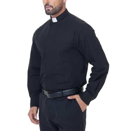 Men's Long Sleeve Clergy Shirt Tab Collar - color: Black, size: Large
