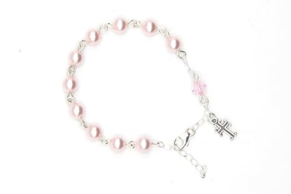 Catholic Communion Rosary Bracelet Created with Swarovski® Crystals, Glass - color: Pearlized Rosaline Pink
