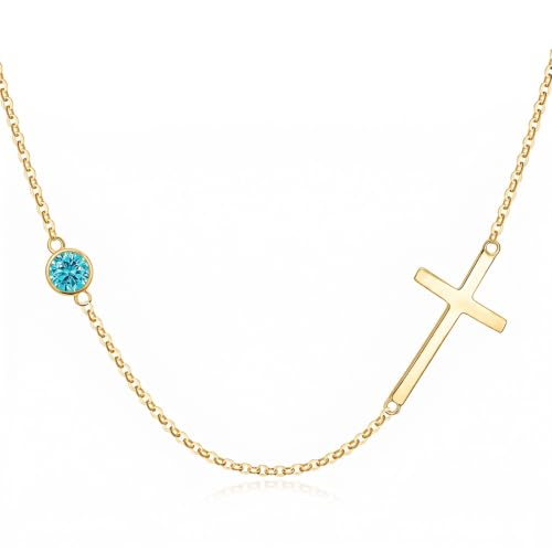 OJK 14K Gold Cross Necklace for Women Sideways Cross Birthstone Jewelry - color: 12-Topaz