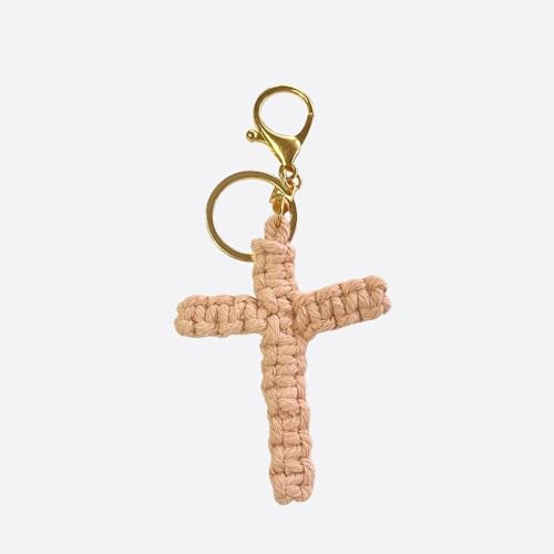 Pingyongchang Handmade Weave Cross Keychain Boho Macrame Jesus Christian Charm Keychain for Women Men - color: Light Pink