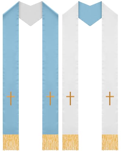 Eurzom 2 Pcs Reversible Clergy Stole with Cross Tassels - color: Blue,white
