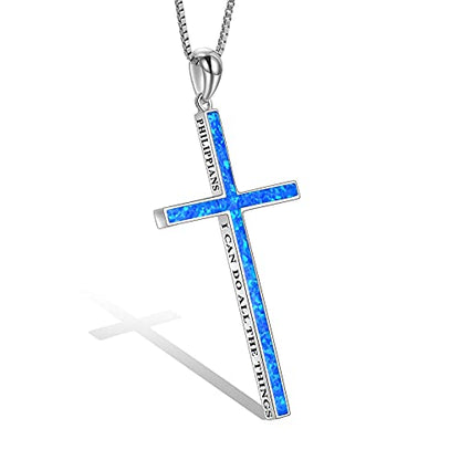 POPLYKE Cross Necklace 925 Sterling Silver Philippians 4:13 I Can Do All The Things Inspirational Necklace Gifts for Women Men 20+2'' - color: Blue Opal