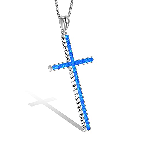 POPLYKE Cross Necklace 925 Sterling Silver Philippians 4:13 I Can Do All The Things Inspirational Necklace Gifts for Women Men 20+2'' - color: Blue Opal