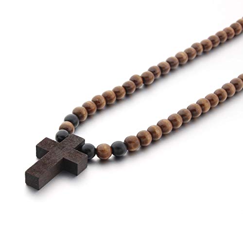 COLORFUL BLING Natural Wooden Catholic Rosaries Wood Crucifix Prayer Beads Pendant Necklace Prayer Jesus Religious Cross Rosary Necklace Handmade Jewelry - color: round dark