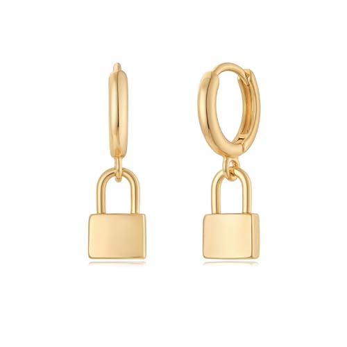 MYEARS Women Earrings Gold Huggie Hoop Dangle Drop 14K Gold Plated Small Simple Hypoallergenic Everyday Jewelry - style: Padlock