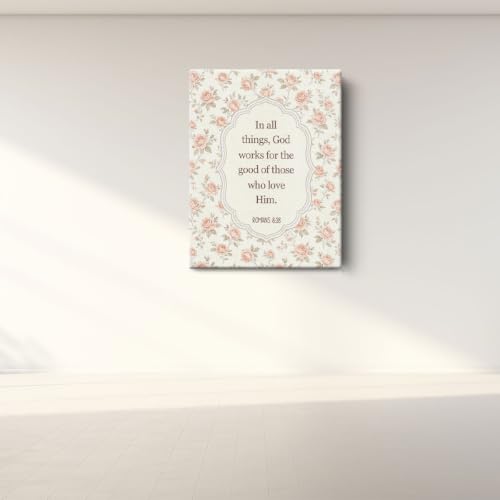BEASTZHENG Romans Pink Rose Floral Canvas Wall Art Religious Home Accent - color: Romans 8：28