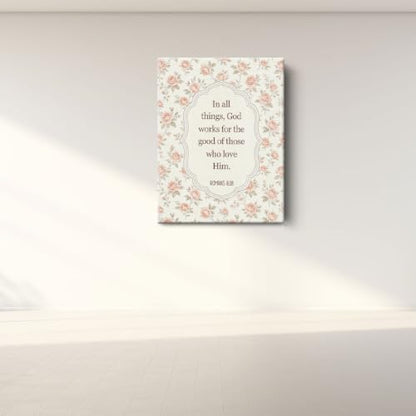 BEASTZHENG Romans Pink Rose Floral Canvas Wall Art Religious Home Accent - color: Romans 8：28