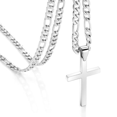 CaptainSteeL Stainless Steel Cross Necklace for Men, Figaro Chain Pendant - size: 24inch, style: 6mm Silver