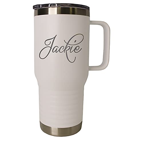 The Wedding Party Store Personalized 20 oz Stainless Steel Powder Coated Vacuum Insulated Double Walled Travel Tumbler Coffee Mug with Handle and Lid (White) - color: White
