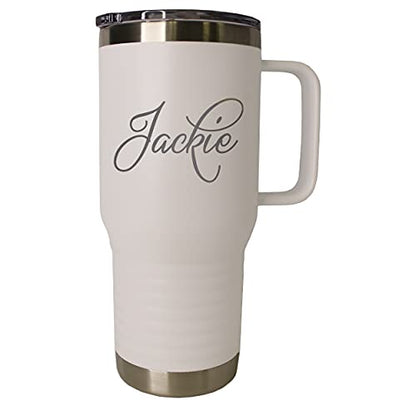 The Wedding Party Store Personalized 20 oz Stainless Steel Powder Coated Vacuum Insulated Double Walled Travel Tumbler Coffee Mug with Handle and Lid (White) - color: White