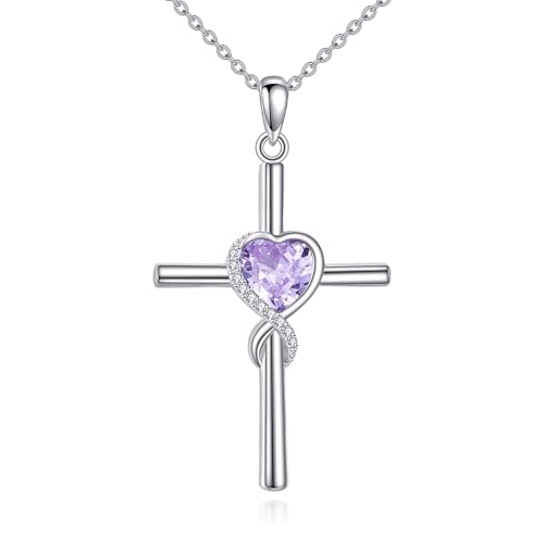 S925 Sterling Silver Cross Necklace for Women Birthstone Necklace Heart Infinity Cross Pendant Necklace Christmas Valentines Day Gifts Birthday Holiday Gifts for Her, 18"+2" Inches - color: 06-Jun Birthstone - Alexandrite