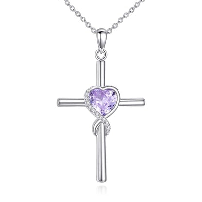 S925 Sterling Silver Cross Necklace for Women Birthstone Necklace Heart Infinity Cross Pendant Necklace Christmas Valentines Day Gifts Birthday Holiday Gifts for Her, 18"+2" Inches - color: 06-Jun Birthstone - Alexandrite