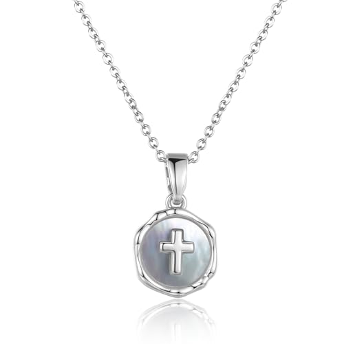 Gold Enamel Mini Cross Necklace Tiny Mother of Pearl Cross Necklace Religious Christian Gift for Baptism First Communion Christmas - color: small mother of pearl cross (10mm)-silver