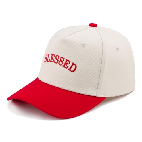 Embroidered Christian Two-Tone Baseball Cap for Men & Women, Adjustable Dad Hat Christmas Easter Gift - color: Blessed, Red/Beige