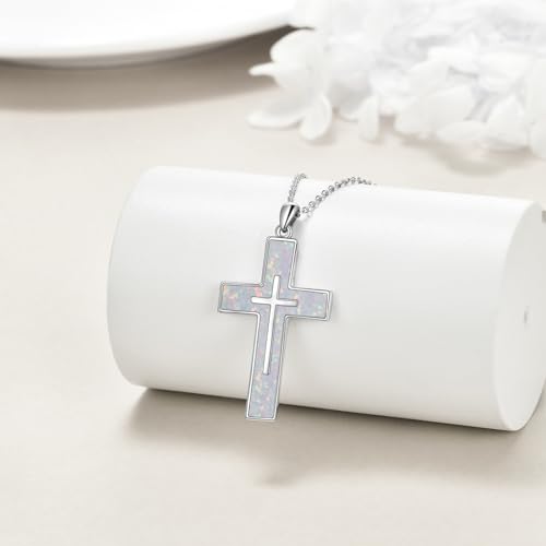 YFN Cross Necklace Sterling Silver Religious Cross Pendant Jewelry Christian Gifts for Women Men - style: A. White Opal