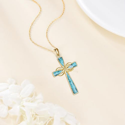 Infinity Cross Necklace S925 Sterling Silver Turquoise/Wooden/Opal/Abalone Cross Pendant Necklaces Christian Jewelry Gifts For Women - style: 18k Gold Plated Turquoise Cross