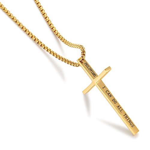 Stainless Steel Cross Pendant Necklaces for Men Women 24 Inch Chain - color: Gold