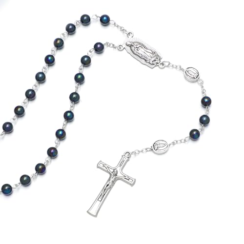 KOMI 6mm Glass Pearl Rosary Beads Catholic for Women with Metal Rosary Box Religious Gifts - style: Guadalupe-black