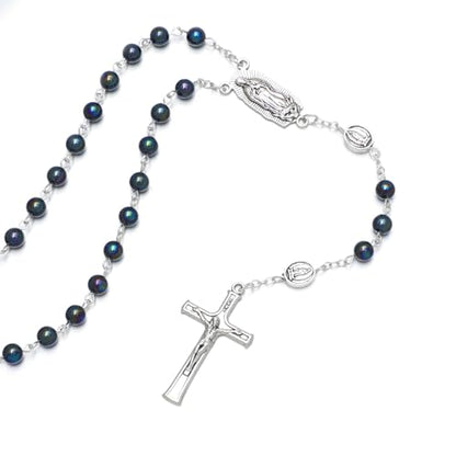 KOMI 6mm Glass Pearl Rosary Beads Catholic for Women with Metal Rosary Box Religious Gifts - style: Guadalupe-black