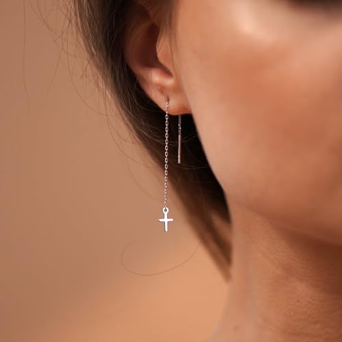 Sterling Silver Earrings Cross Threader for Women | Minimalist Chain Earrings Double Piercings | Dangle Earrings (Gold-plated sterling silver) - color: Sterling silver