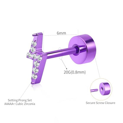 XUU 20G Flat Back Stud Earrings ASTM F136 Titanium & Sparkling CZ - color: purple lightning bolt