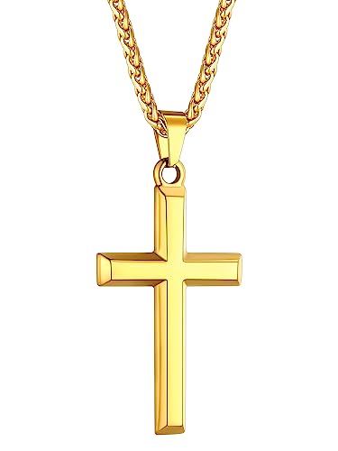 ChainsHouse Cross Necklace for Men, Black/18K Gold Plated/Stainless Steel Christian Jewelry Cross Pendant Necklace for Men, with Gift Box - color: d: Cross-Gold