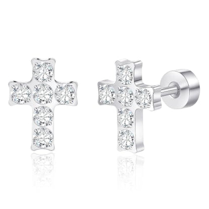 Limerencia Titanium Stud Earrings, Cross Earrings for Sensitive Ears - color: Silver +Screw Back with CZ