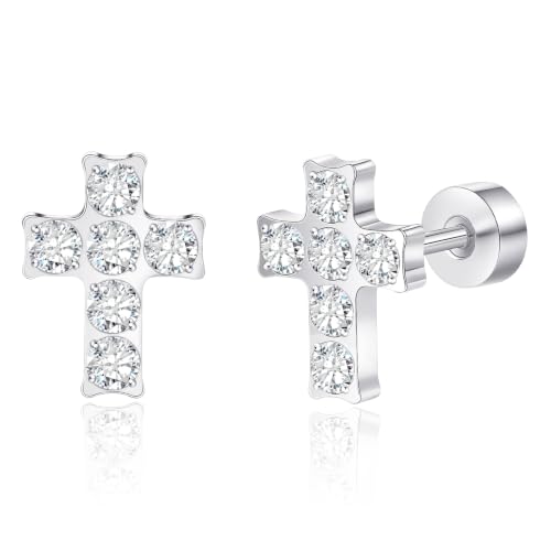 Limerencia Titanium Stud Earrings, Cross Earrings for Sensitive Ears - color: Silver +Screw Back with CZ