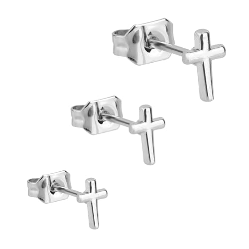 3pcs Cross Stud Earrings, 3 Size Flat Back Cross Stud Cartilage Piercing Jewelry for Women Men - color: Silver