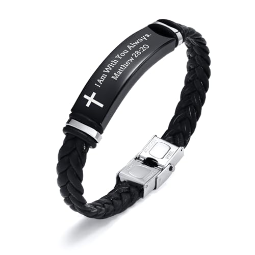 Leather Bracelet Sobriety Gifts for Men : Inspirational Quote/Bible Verse Engraved Braided Black Mens Bracelet for Him, Customized Religious Christian Gift Jewelry for Son/Dad/Boys/Boyfriend/Husband - style: 03:I am with you always