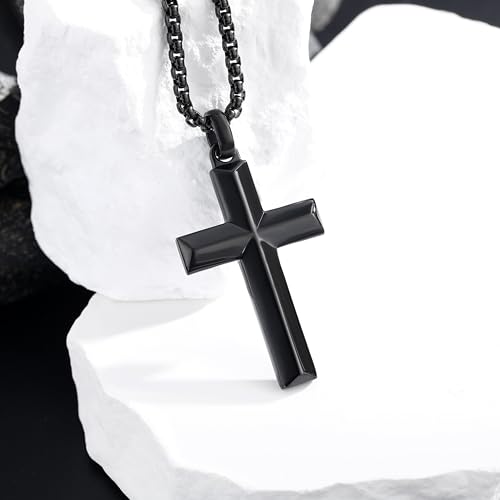 Stainless Steel Cross Necklace for Men with Adjustable Box Chain Christian Cross neckalce Gift - color: Black